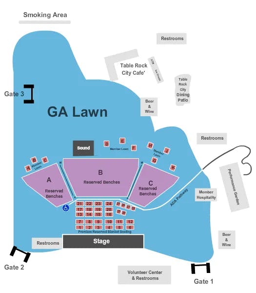 BRITT FESTIVAL PAVILION GARDENS END STAGE Seating Map Seating Chart
