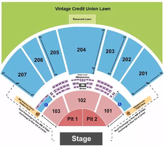 HOLLYWOOD CASINO AMPHITHEATRE MO ENDSTAGE PIT 1 2 101 207 W LAWN Seating Map Seating Chart